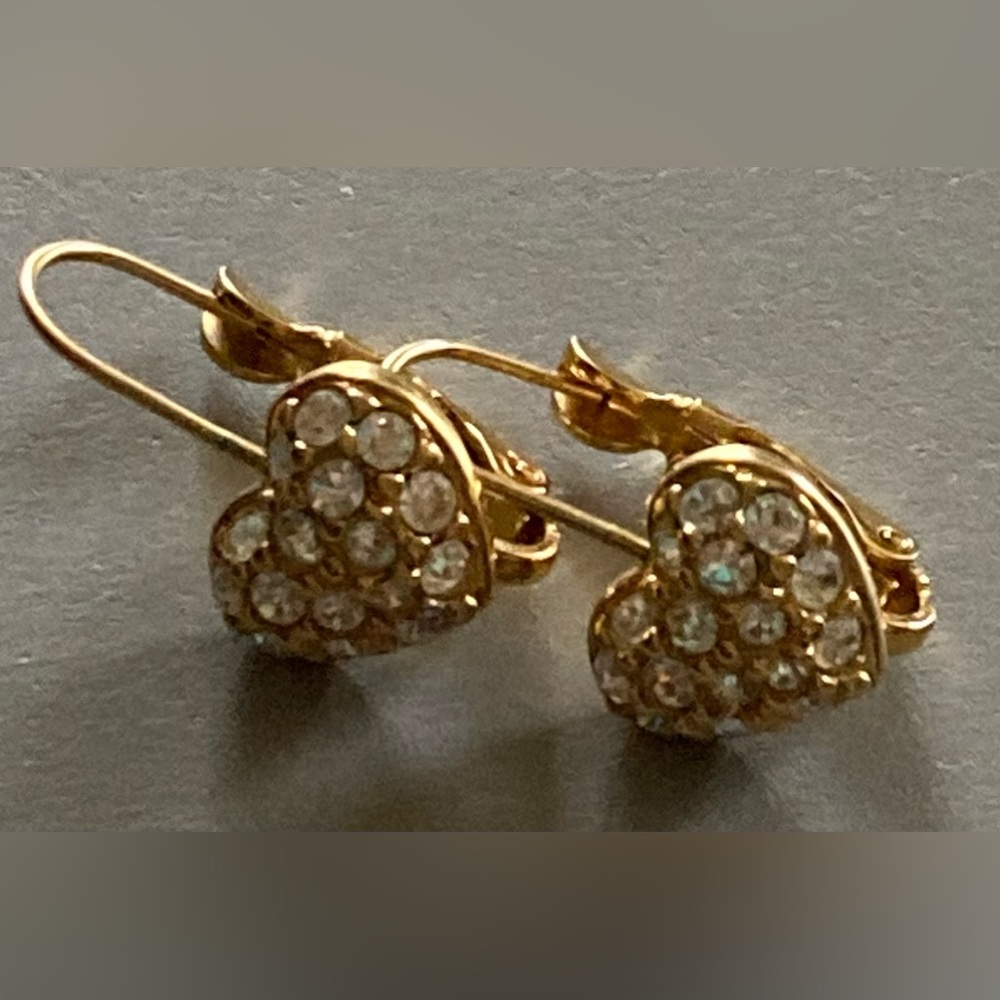 SWAROVSKI Gold Tone Crystal Leverback Heart Earrings - Picture 1 of 7